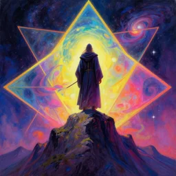 A robed wanderer stands atop the final summit at the end of time as witness to the final fleeting moments of the universe. A highly detailed surreal oil painting on neon geometric canvas of the last wizard and the doom of spacetime. trending on Pixiv. trending on ArtStation. A vibrant digital oil painting. A highly detailed fantasy character illustration by Wayne Reynolds and Charles Monet and Gustave Dore and Carl Critchlow and Bram Sels