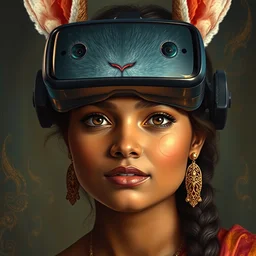 detailed potrait of pretty srilankan woman with vr headset inspired by bunny head, painting by james jean, craig mullins, j. c. leyendecker, lights, art by ernst haeckel,