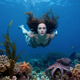 cinematic photograph of a woman wearing a dress, floating under the ocean, with detailed face, huge flowing hair by tim walker and wes anderson, in the ocean, deep blue colours, lots of detail, fine facial features, coral reef, sea kelp forrest, sea anemones, starfish, fish, octopus, stingray