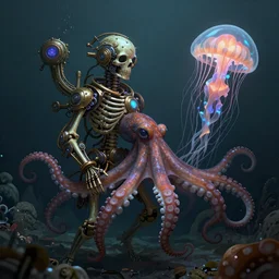 underwater photography of a steampunk human skeleton in symbiosis with an octopus and a jellyfish, intricate and ornate alien technology, bioluminescence, bloom, dim rim lighting, by victor grasso and scott musgrove, digital illustration, cg society