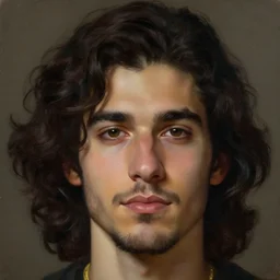 portrait of a young italian male, dark shoulder length very curly hair, round nose, thick angular eyebrows, short patchy beard, closeup portrait, elegant, highly detailed, oil painting, artstation, concept art, matte, sharp focus, illustration, hearthstone, art by earl norem