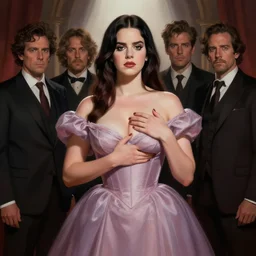 lana del rey as a heroine with a dress inspired by american horror story, holding her chest, large bosum, digital painting, artstation, concept art, smooth, sharp focus, illustration, in - frame, centered, art by artgerm and donato giancola and joseph christian leyendecker, ross tran, wlop
