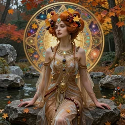 cyberpunk aztec goddess in a zen rock garden, by Peter Kemp, by Artgerm, autumn, glamorous hairstyle, vermont fall colors, wearing translucent earthtone fashion, art nouveau by Brian Froud, berries, cosmic, gnostic, sacred geometry, by Alphonse Mucha, highly detailed concept painting with cinematic lighting, trending on art station