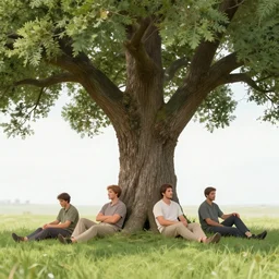 4 men resting by an oak tree