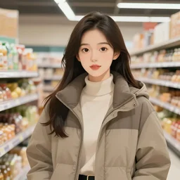 the portrait a beautiful grocery young asia woman in down jacket, the background is a grocery store, winter, rural northeast an ultrafine hyperdetailed illustration by kim jung gi, irakli nadar, intricate linework, bright colors, octopath traveler, wenjun lin, unreal engine 5 highly rendered, global illumination, radiant light, detailed and intricate environment