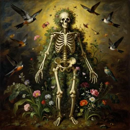 'Life from death' A detailed aesthetic horror full body portrait painting depicting 'A complete skeleton with plants and flowers growing all over it, birds and insects flying all around it' by giuseppe arcimboldo and Rembrandt, Trending on cgsociety artstation, 8k, masterpiece, cinematic lighting, vibrant colors.