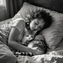 count orlok cozy in bed, snuggling his kitty, very peaceful and relaxing photograph, black and white