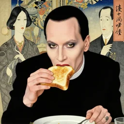 marilyn manson eating toast, highly detailed, artstation, in the style of moebius, jugendstil and classic japanese print, art by rene magritte and jean delville