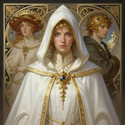 symmetry!! portrait of a white and gold hooded wizard, fantasy, intricate, elegant, highly detailed, digital painting, artstation, concept art, smooth, sharp focus, illustration, art by artgerm and greg rutkowski and alphonse mucha and gerald brom
