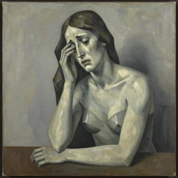 a cubism painting of a woman crying, in the style of alexander archipenko, muted colors