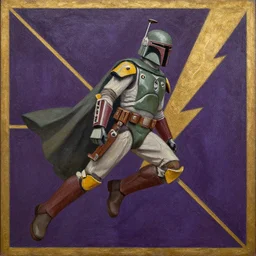 textured art deco painting of boba fett, side profile, full body, flying from bottom left to top right, muted greens and browns, geometric, gold and deep purple background with lightning bolt