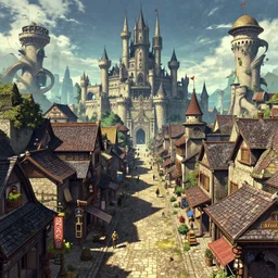 a dungeons and dragons castle town. street level view. r / retrofuturism and ukiyo - e