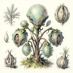 Alien plant from alpha centauri, illustrated from nature. highly detailed botanical field sketches. Alien hybrid, opalescent, strange fruits
