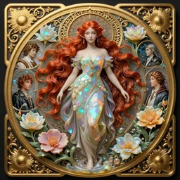 a beautiful elf girl with red hair, carved from opal by tsutomu nihei, emil melmoth, zdzislaw belsinki, Craig Mullins, yoji shinkawa, trending on artstation, flowers of hope by Jean-Honoré Fragonard, Peter mohrbacher, hyper detailed, insane details, intricate, elite, art nouveau, ornate, liquid wax, elegant, luxury, full body, lovely, romantic, passionate, CGsociety, hypermaximalist, golden ratio, environmental key art, octane render, weta digital, ray trace, 8k, symmetrical