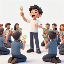 a picture of a happy subgenius - salesman at a alter speaking to a crowd of kneeling cultists holding up dollars, flying saucers in the sky, sunrise, a detailed matte painting by mort kunstler, pixiv, kitsch movement, city background, movie poster, official art