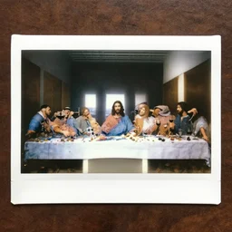 jesus and judas at the last supper holding wine, polaroid