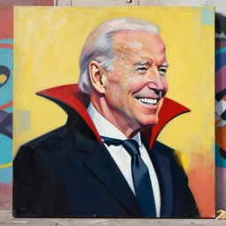 greg manchess painting of joe biden as dracula, smiling with his fangs out, medium shot, asymmetrical, profile picture, organic painting, sunny day, matte painting, bold shapes, hard edges, street art, trending on artstation, by huang guangjian and gil elvgren and sachin teng