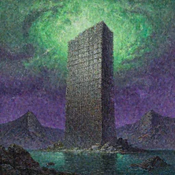 a very tall and huge wall made of metal in the middle of nowhere near water and rocks with mountains behind it and dramatic green and purple sky, by Wayne Barlowe, by Simon Stalenhag, by Bruce Pennington, by Greg Rutkowski, masterpiece, oil on canvas, trending on artstation, featured on pixiv, cinematic composition, epic scene, dramatic lighting, explosions in the sky, no frames, 8K
