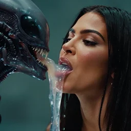 film still of kim kardashian ingesting alien slime from the mouth of an xenomorph, transparent goo, transparent slime, saliva, 8 k
