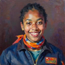 detailed portrait in playful femininity, ethnic, statuesque, happy realistic face, flight suit and scarf, bathed in morning light, chiaroscuro, radiosity, impasto impressionism, contrasting highlights, bold color scheme, vibrant, modern fashion, contemporary art, deep rich hues, oil on canvas