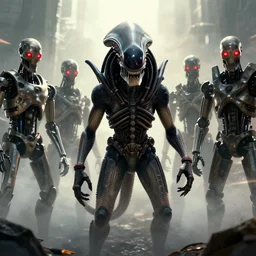 xenomorph alien and predator in middle, surrounded by terminators with red glowing eyes, movie keyart, hazing fog,bullets trace