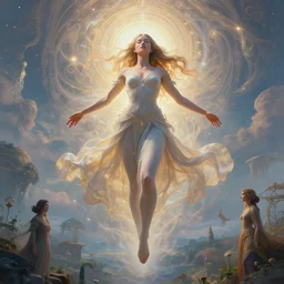 overdetailed maximalist fullbody portrait of a beautiful female energy being transcending to her true form while floating over a surreal landscape. Made by oozium, inspired by silvio vieira, overpainted by loish. 8k 3d realistic render. Bright, sacred, spiritual, dawn, backlit, calm, relaxed, dynamic, ethereal, arcane, intricate, mysterious, dramatic, cinematic. Seen from below overpainted by erica robin and cameron gray