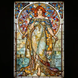 full - body stained glass artwork, imogen poots paladin, by yoann lossel, alphonse mucha. art nouveau neo - gothic stained glass by mucha. dota. swirly intricate glass linework background. gaudy colors, sharp edges. ultra clear detailed. 8 k. elegant. octane render