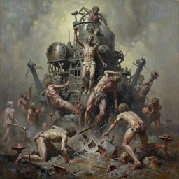 oil paint of flayed god machines in tiers, action crash, battling geocracking, fungal pit, trash patina sheen rotting, by basil wolverton, alberto bontempi, muted colors, epic, hyper detailed, awe inspiring, award winning horror, narrative lighting, hyper realism, cinematical