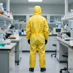 « a person wearing yellow hazma suit, in a laboratory, photorealistic, unreal engine 5, full body portrait, back view »