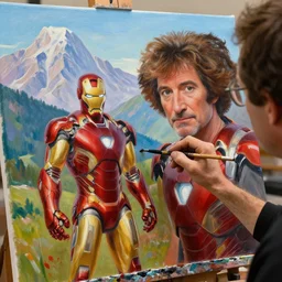 a closeup photorealistic photograph of bob ross working on a canvas painting of iron man from a distance. mountain scape. film still, vibrant colors. this 4 k hd image is trending on artstation, featured on behance, well - rendered, extra crisp, features intricate detail, epic composition and the style of unreal engine.