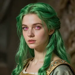A high fantasy girl with green hair and pink eyes, wearing a robe, by William-Adolphe Bouguereau, face close up, official media, beautiful, detailed, high quality, 4K, epic, trending on artstation and behance