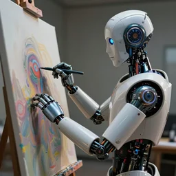 an high resolution photo of a cyberpunk droid paiting on a canvas, hyper detailed, photography, realistic art, 8 k, unreal engine, octane render, cinematic