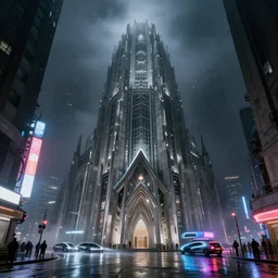 photorealistic streetscape, a towering cathedral of brutalist architecture, steel, concrete, mist, night, dramatic lighting, rain, wet streets, white neon lights, colorful neon signs, futuristic vehicles, pedestrians, syd mead, ralph mcquarrie, doug chiang, concept art, matte painting, realistically detailed, minimal artifacts, rule of thirds, dynamic lighting, cinematic, denoised, centered, artstation