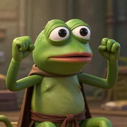 a sadge - sad - pepe - the - frog - jedi - master, looking more depressed than usual, quivering lips, fists in the air, sweat flying, cgi render, zbrush, octane, keyshot render