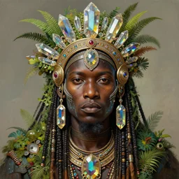 upper half portrait of retro futuristic african tribal chief - embellished with vegetation and iridescent crystals, art by stanley artgem lau, highly detailed, digital painting, concept art, illustration, smooth sharp focus, intricate, symmetry, artstation, colourful,