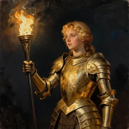 Painting of a blonde girl in golden armor holding a torch at night, in the style of Quint Buchholz