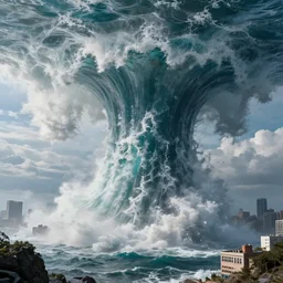 what if the ocean was upside down massive tidal waves viciously splashing and crashing everywhere and horrendous flooding tons of water instantaneously dropping from the sky hyperrealism lifelike photography by rutowski gurney artstation hyperrealism photo - realistic siconolfini city