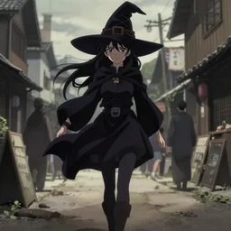 key anime visual portrait of a young female witch walking through a busy village, dynamic pose, dynamic perspective, cinematic, dramatic lighting, muted colors, detailed silhouette, textured, finely detailed eyes, anime proportions, kentaro miura, anmi