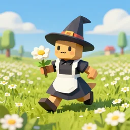 ( lowpoly ) ps 1 playstation 1 9 9 9 running anthropomorphic lurantis maid wearing witch hat holding a ( swadloon ) standing in a ( field of daisies ), mount coronet in the distance digital illustration by ruan jia on artstation