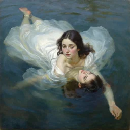 dark haired lady with white dress floating in water, detailed oil painting, high quality, natural lighting by eva marini and arthur braginsky