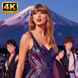 portrait of taylor swift, mount fuji background, rich vivid colors, ambient lighting, dynamic lighting, 4 k, hq, official media, anime key visual, makoto shinkai, ilya kuvshinov, lois van baarle, rossdraws, detailed, trending on artstation