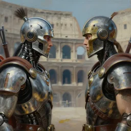 stunning close - up painting of two cybertronic gladiators facing each other in a cyberpunk colosseum, sci - fi, focus on the gladiators, by delacroix