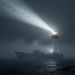 A lighthouse beam passing through a ghost ship, foggy, dramatic, 4k, masterpiece,