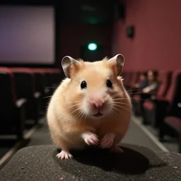 photo of a hamster, dimly lit cinema corridor, various poses, unedited, soft light, sharp focus, 8 k