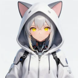 a beautiful anime cyborg - girl with yellow eyes wearing a cat hoodie, wlop, ilya kuvshinov, artgerm, krenz cushart, greg rutkowski, hiroaki samura, range murata, james jean, katsuhiro otomo, erik jones, serov, surikov, vasnetsov, repin, kramskoi