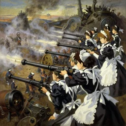 baroque oil painting of anime key visual concept art of anime maids using artillery firing at enemy lines, smoke debris, grimdark steampunk fantasy, pleasant battlefield, trending on artstation, brush strokes, oil on canvas, style of makoto shinkai and greg rutkowski and studio ghibli