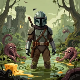 pop - wonder - nft alien - meat half - tone - art of a swamp - mandolorian wading through the goopy - muck and slithering about the castle side delights on a melted cheesy day in a hand - drawn vector, svg, cult - classic - comic - style