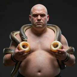 Shirtless bald fat man holding onion rings wrapped around a snake, realistic artstyle, wide shot, dramatic lighting, octane render, hyperrealistic, high quality, highly detailed, HD, beautiful, cinematic, 8k, unreal engine, facial accuracy, symmetrical