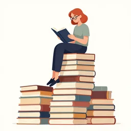 a woman with red hair and glasses sits on top of a tall pile of books, reading. clean cel shaded vector art by lois van baarle, artgerm, helen huang, by makoto shinkai and ilya kuvshinov, rossdraws, illustration, art by ilya kuvshinov