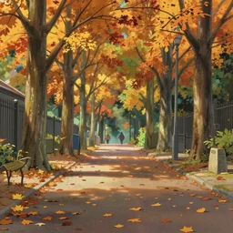 autumn street with falling leaves, evening, highly detailed, low angle view, studio ghibli, artstation